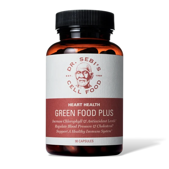 Dr. Sebi's Green Food Plus supplement bottle in amber glass with black cap, 90 capsules for heart health and immune support.