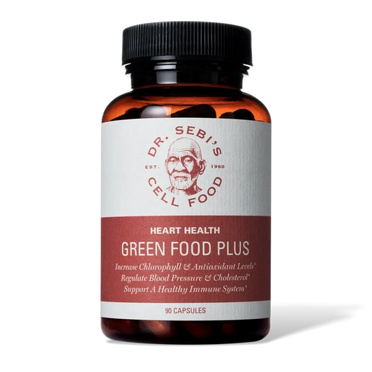 Dr. Sebi's Green Food Plus supplement bottle in amber glass with black cap, 90 capsules for heart health and immune support.