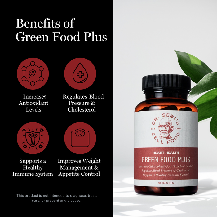 Dr. Sebi's Green Food Plus bottle with benefits icons highlighting antioxidants, blood pressure regulation, immune support...