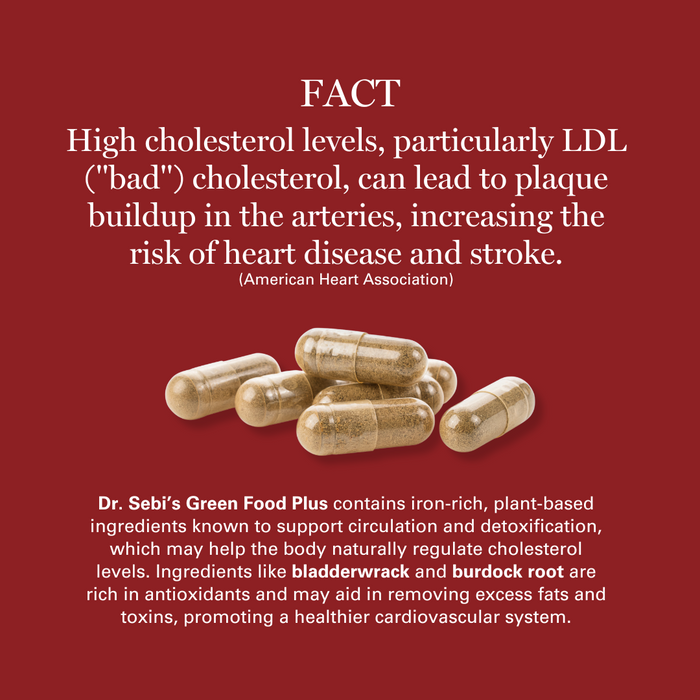 Dr. Sebi's Green Food Plus capsules displayed against a red background with cholesterol health facts.