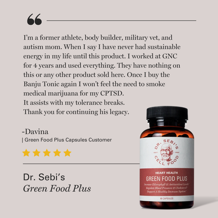 5-star customer testimonial for Dr. Sebi's Green Food Plus capsules with product bottle displayed.