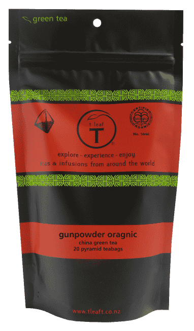Gunpowder organic pyramid Pyramid 20s + tin front view | pyramid tea bags New Zealand | t leaf T