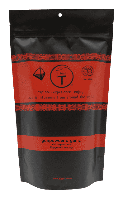 Gunpowder organic pyramid Pyramid pouch 200s detail view | pyramid tea bags New Zealand | t leaf T