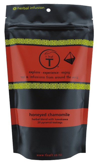 Honeyed Chamomile with NZ Kawakawa pyramids Pyramid foil pouch 20s front view | pyramid tea bags New Zealand | t leaf T