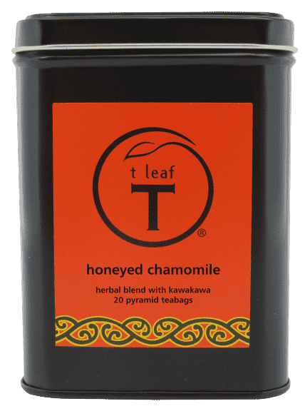 Honeyed Chamomile with NZ Kawakawa pyramids Pyramid 20s + tin side view | pyramid tea bags New Zealand | t leaf T