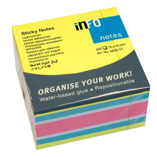 inFO Notes 75 x 75 mm Brilliant Mix Cube, 450 Sheets, Brilliant Yellow/Brilliant Blue/White/Brilliant Pink - Office R Us Lagos