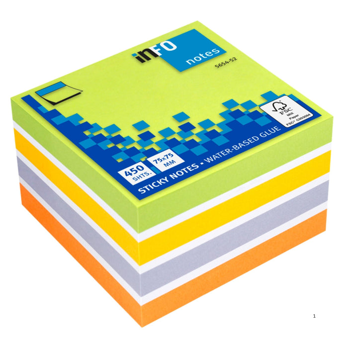 inFO Notes 75 x 75 mm Colour Mix Cube, 450 Sheets, Lemon Green/White/Oriole Gold/White/Violet/Brilliant Orange - Office R Us Lagos