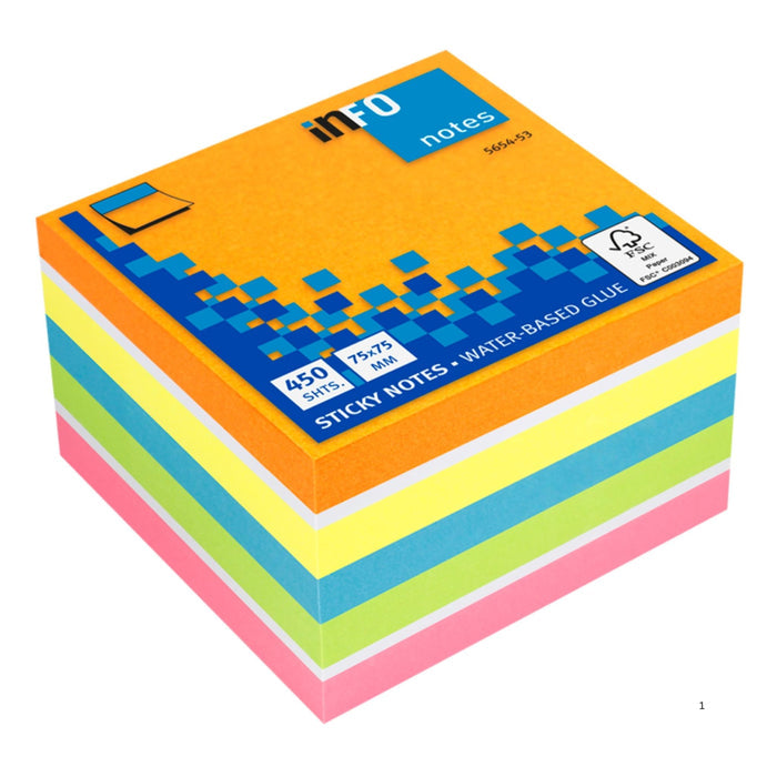 inFO Notes Brilliant Mix Cube 75 x 75 mm, 450 Sheets – Orange/White/Yellow/Blue/Green/Pink - Office R Us Lagos