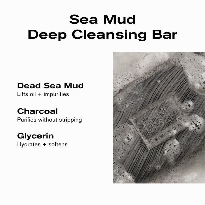 Sea Mud Deep Cleansing Bar 
Dead Sea Mud lifts oil + impurities
Charcoal purifies without stripping
Glycerin hydrates + softens