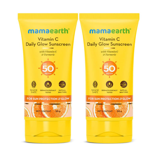 Mamaearth Vitamin C Daily Glow Sunscreen SPF 50 PA++++ – In-Vivo Tested (ISO 24444:2019 Certified, CTRI/2025/05/087276) - 50 g - Pack of 2