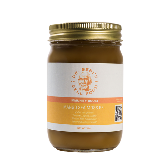 A glass jar of Dr. Sebi's Organic Mango Sea Moss Gel