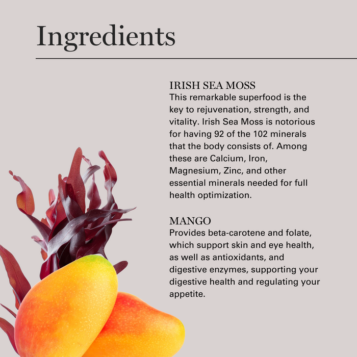 Ingredients graphic featuring Irish Sea Moss and Mango with descriptive text on health benefits and mineral content.