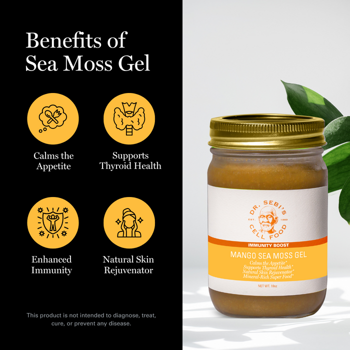 Dr. Sebi's Mango Sea Moss Gel jar with benefits infographic highlighting immunity boost, thyroid support, and natural skin...