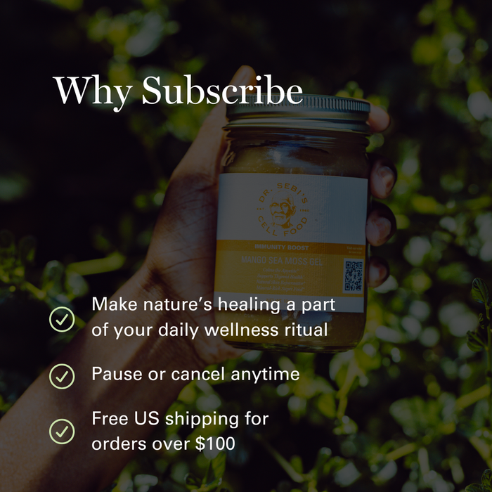Hand holding Dr. Sebi's Mango Sea Moss Gel with subscription benefits listed on natural green background.