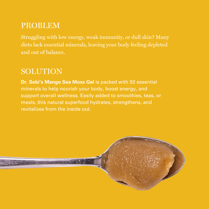Dr. Sebi's Mango Sea Moss Gel on a spoon against a bright yellow background highlighting its nutrient-rich formula.