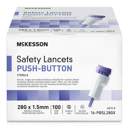 McKesson Prevent Safety Lancet Fixed Depth Lancet Needle, Push Button, 100 ct - 16-PBHPSL28G1.0 - LL Medico