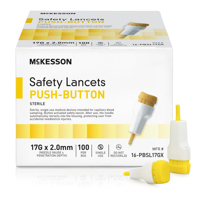 McKesson Prevent Safety Lancet Fixed Depth Lancet Needle, Push Button, 100 ct - 16-PBHPSL28G1.0 - LL Medico
