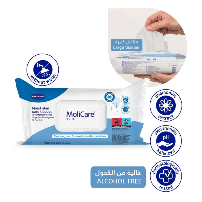 MoliCare Skin Moist skin care tissues, Large tissues for quick and practical cleansing for incontinent and senior persons, 50 pieces / pack