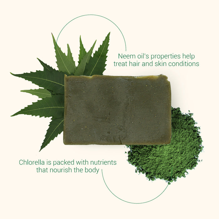 Herb'N Eden Neem & Chlorella bar soap with neem leaves and chlorella powder highlighting natural skin benefits
