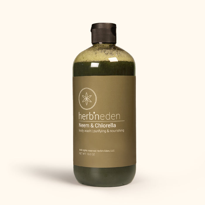 Herb'N Eden Neem & Chlorella Body Wash bottle for purifying and nourishing skin.