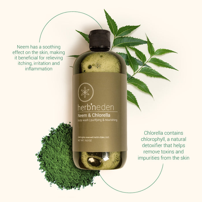 Herb'N Eden Neem & Chlorella Body Wash with neem leaves and chlorella powder highlighting skin benefits.