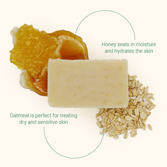 Top view of Herb'N Eden Oatmeal Honey bar soap with raw honey and unscented oatmeal highlighting natural skin benefits