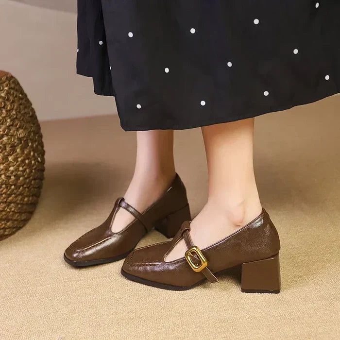Odette | Women's Square Toe Mary Jane Heels Block Heel Gold Buckle