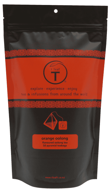 Orange oolong pyramids Pyramid pouch 200s detail view | pyramid tea bags New Zealand | t leaf T