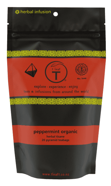 Peppermint organic pyramids Pyramid 20s + tin front view | pyramid tea bags New Zealand | t leaf T