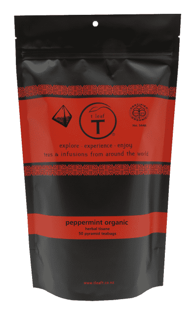 Peppermint organic pyramids Pyramid pouch 200s detail view | pyramid tea bags New Zealand | t leaf T