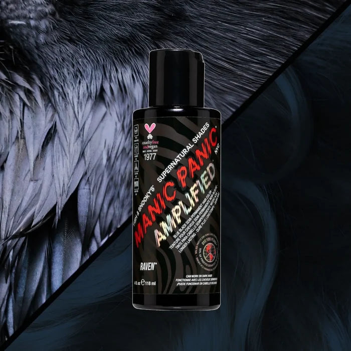 Raven Supernaturals Amplified semi-permanent hair dye bottle in cool blue-black shade by Manic Panic