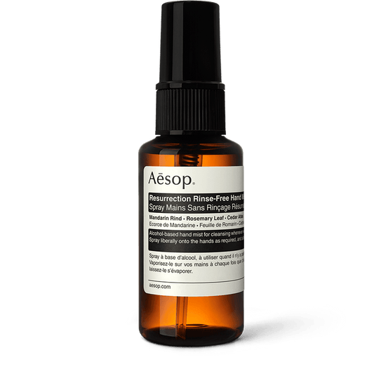50ml spray bottle of Aesop Resurrection Rinse Free Hand Mist
