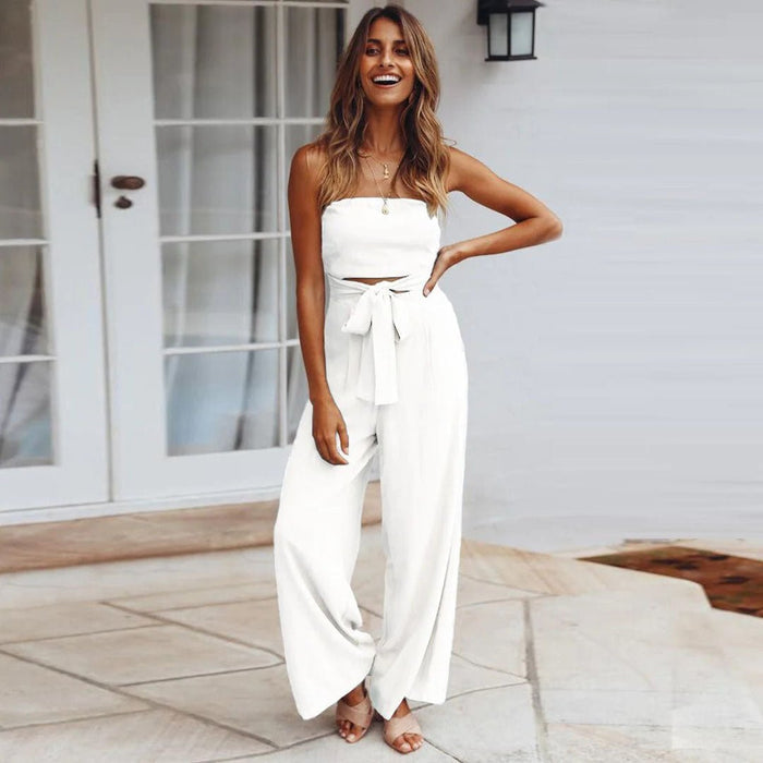 Sandy | Women's Strapless Tie Waist Wide Leg Jumpsuit