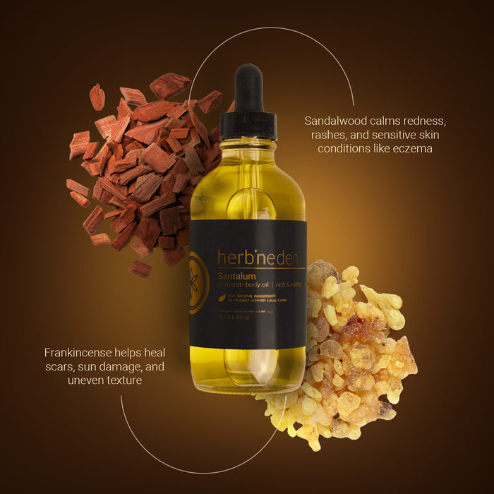 Herb’n Eden Santalum body oil bottle surrounded by sandalwood chips and frankincense resin, with text highlighting soothing benefits for redness, sensitive skin, and uneven texture.