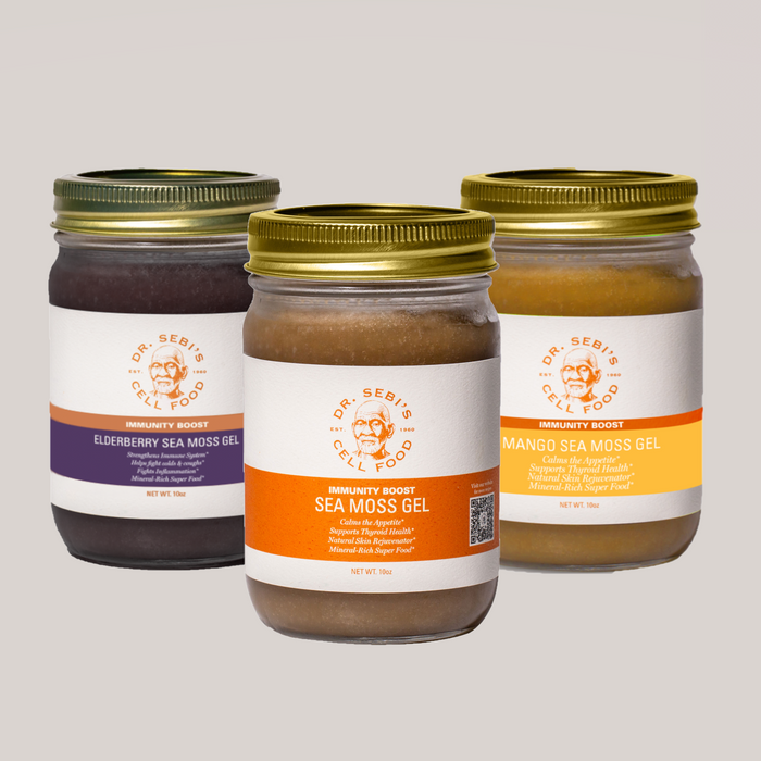 Three jars of Dr. Sebi's Cell Food Sea Moss Gel in Elderberry, original, and Mango flavors with gold caps displayed agains...