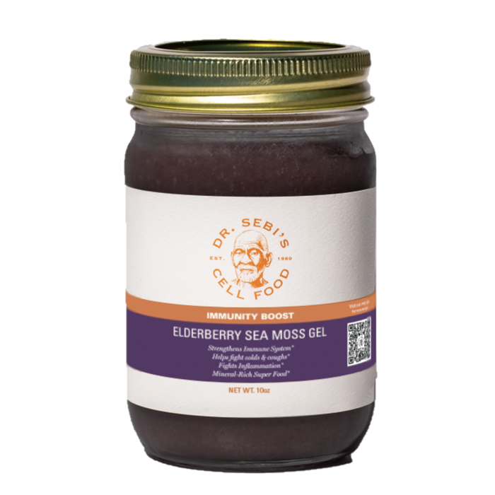 Dr. Sebi's Elderberry Sea Moss Gel Immunity Boost supplement in a 10oz glass jar with gold lid.