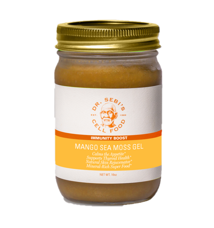 Dr. Sebi's Mango Sea Moss Gel 10oz jar with gold lid, immunity boost herbal supplement.