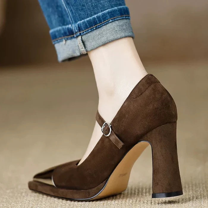 Serena | Women's Mary Jane High Heel Pumps Cap Toe Block Heel Strap