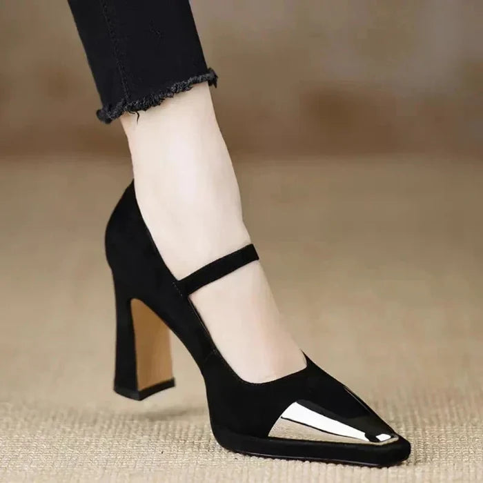 Serena | Women's Mary Jane High Heel Pumps Cap Toe Block Heel Strap