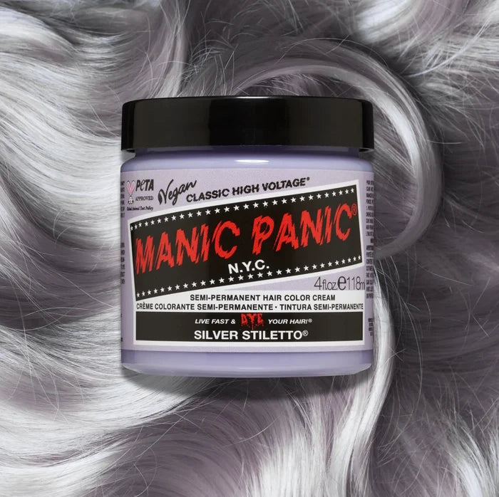 Manic Panic Classic High Voltage semi-permanent hair dye in shade Silver Stiletto Classic a vibrant, vegan hair color. Image shows a jar of Silver Stiletto Classic hair dye placed on top of a wavy silver stiletto classic hair swatch.