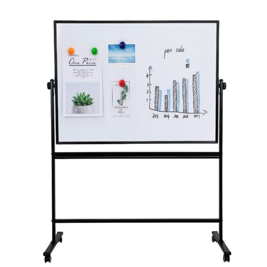 Whiteboard with black frame and wheels on a white background