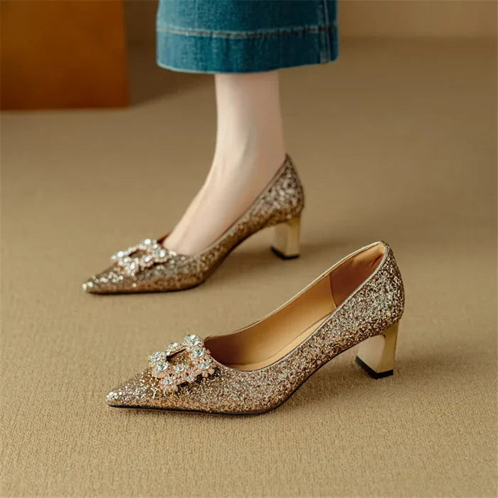 Stella | Women's Glitter Block Heel Pumps Pointed Toe Crystal Buckle