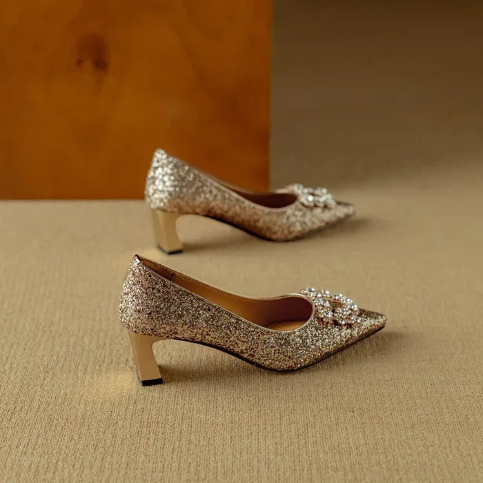 Stella | Women's Glitter Block Heel Pumps Pointed Toe Crystal Buckle