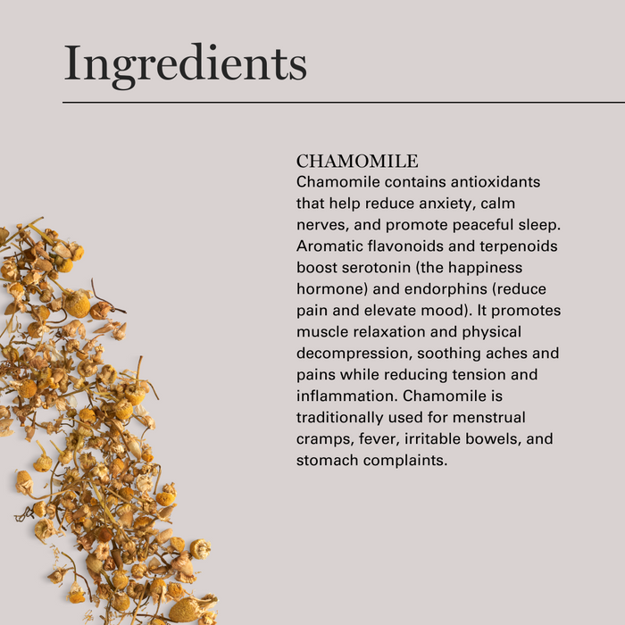 Dried chamomile flowers with ingredient description highlighting antioxidants and calming benefits for anxiety and sleep.