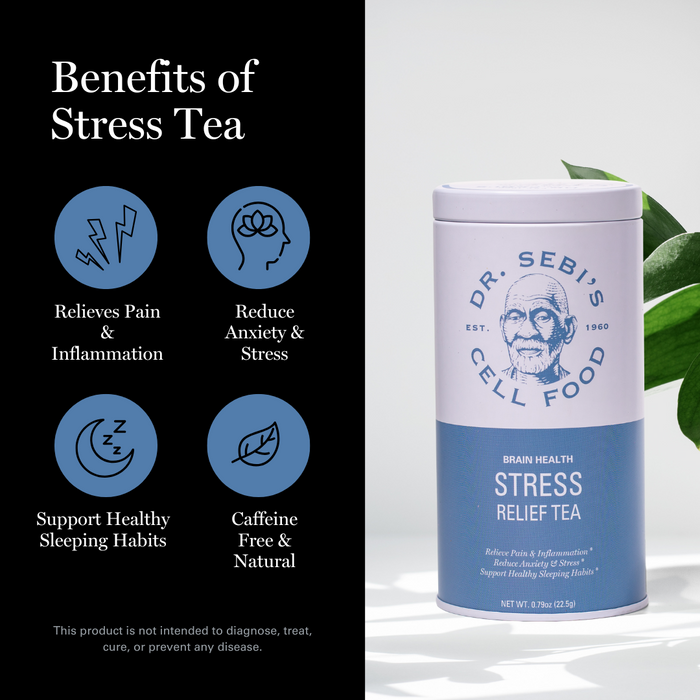 Dr. Sebi's Stress Relief Tea tin with green leaves, highlighting benefits of pain relief, anxiety reduction, better sleep,...