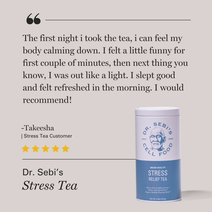 Five-star customer testimonial for Dr. Sebi's Stress Relief Tea highlighting improved sleep and relaxation benefits.