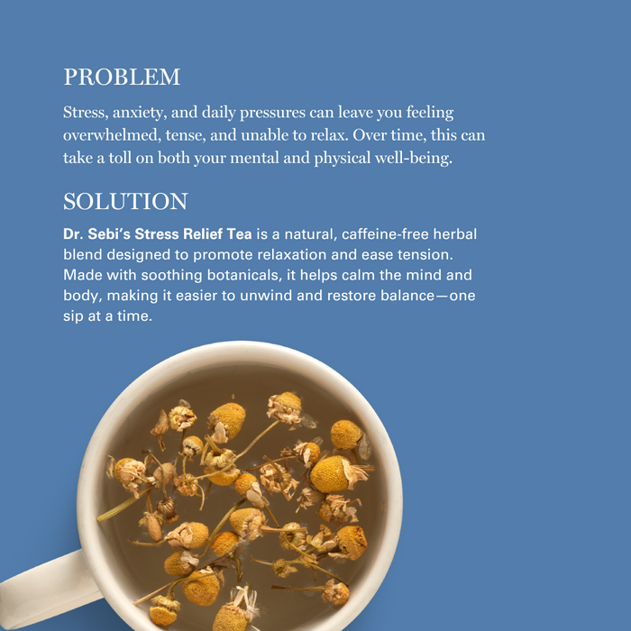 Dr. Sebi's Stress Relief Tea steeping in a white mug with chamomile flowers against a calming blue background.