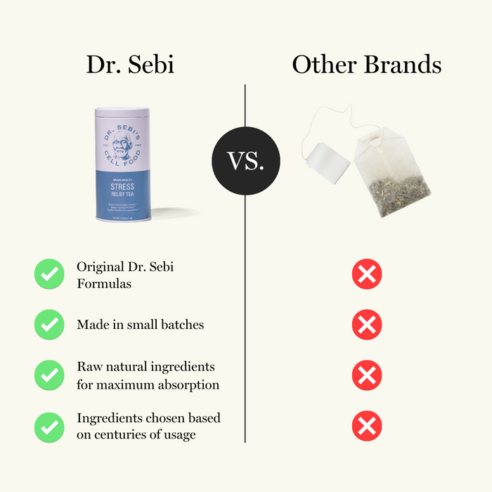 Dr. Sebi Stress Relief Tea compared to other brands, highlighting original formulas, small batch production, raw natural i...