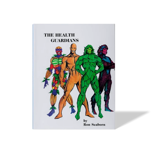 The Health Guardians" book cover by Ron Seaborn featuring four colorful superhero characters representing health and welln...