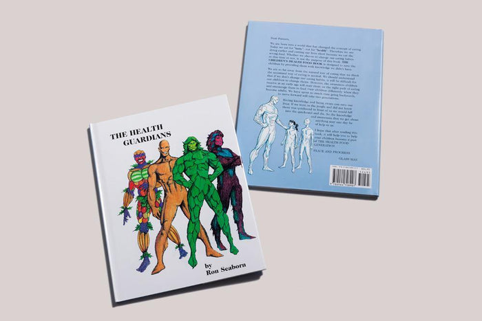 The Health Guardians" book by Ron Seaborn displayed open and closed, featuring illustrated superhero characters promoting ...